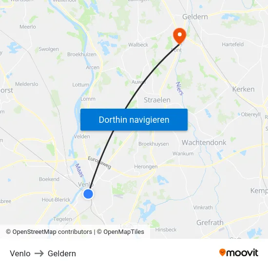 Venlo to Geldern map