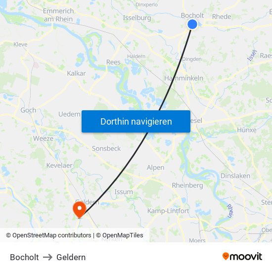 Bocholt to Geldern map