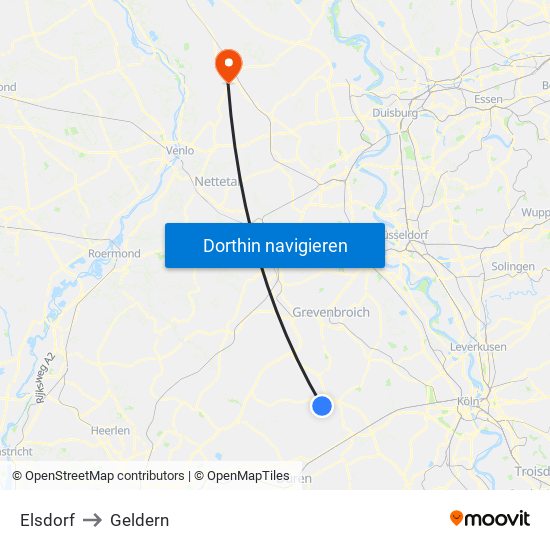 Elsdorf to Geldern map