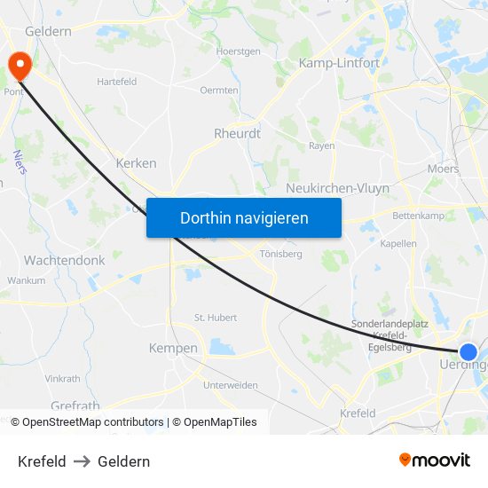 Krefeld to Geldern map