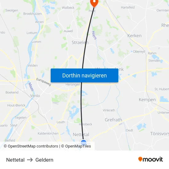 Nettetal to Geldern map