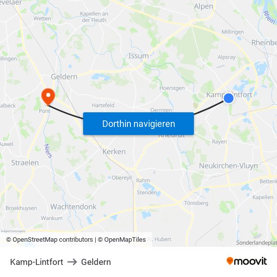 Kamp-Lintfort to Geldern map