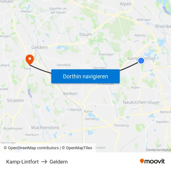 Kamp-Lintfort to Geldern map