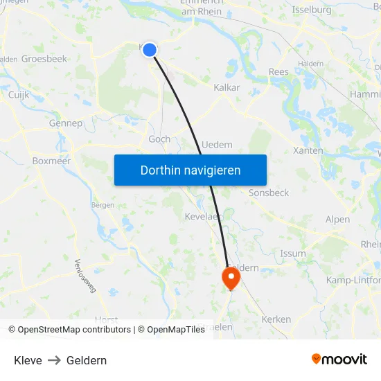 Kleve to Geldern map