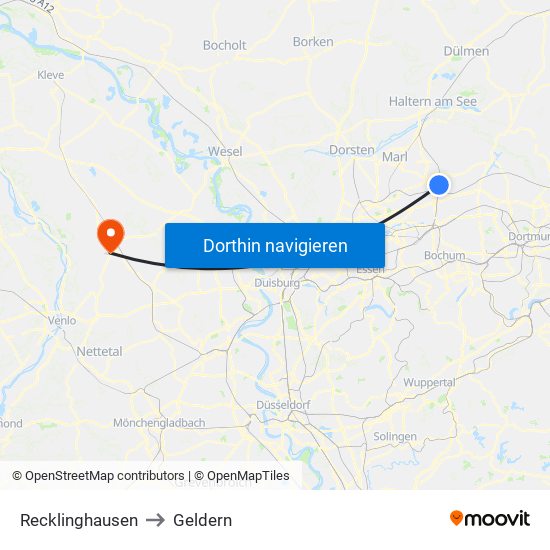 Recklinghausen to Geldern map