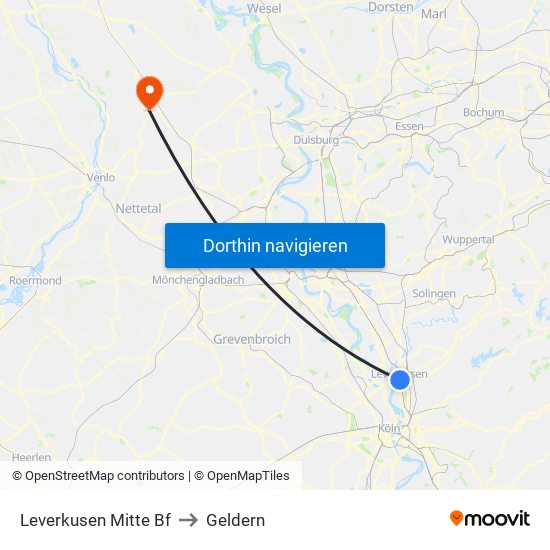 Leverkusen Mitte Bf to Geldern map