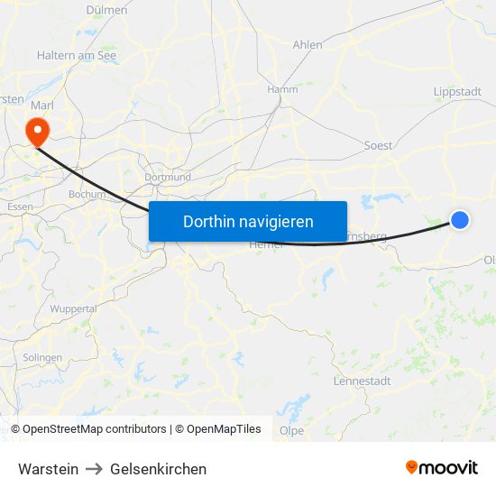 Warstein to Gelsenkirchen map