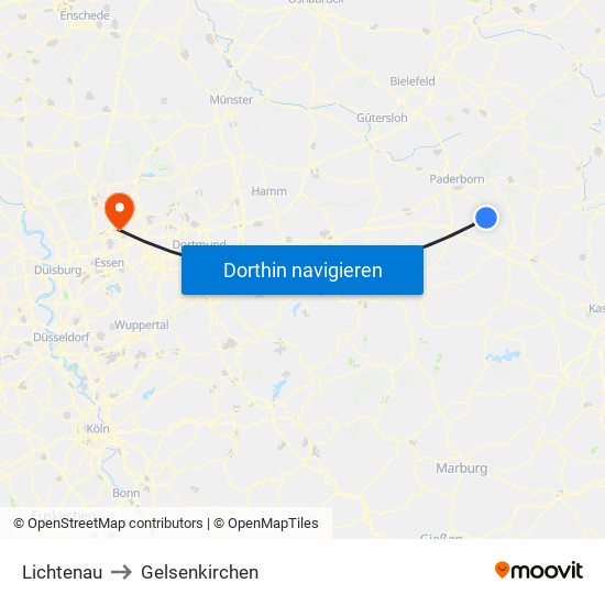 Lichtenau to Gelsenkirchen map