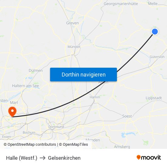 Halle (Westf.) to Gelsenkirchen map