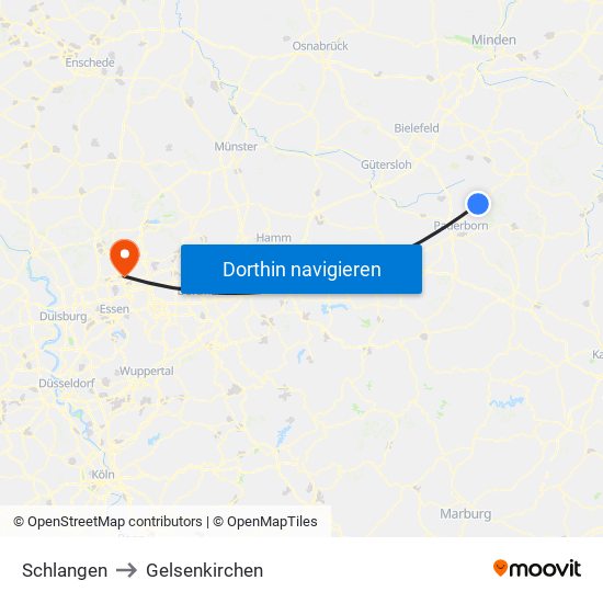 Schlangen to Gelsenkirchen map