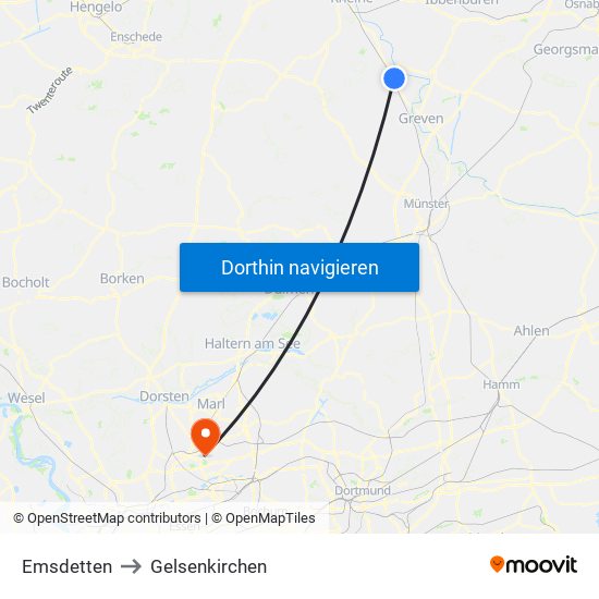 Emsdetten to Gelsenkirchen map