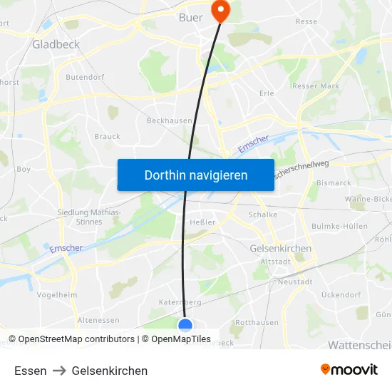 Essen to Gelsenkirchen map