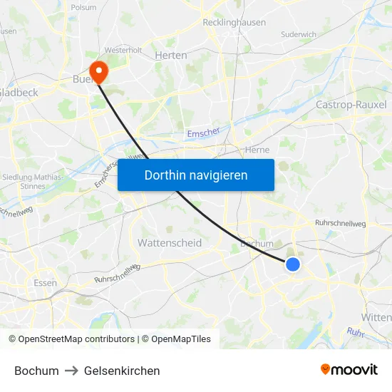 Bochum to Gelsenkirchen map