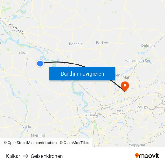 Kalkar to Gelsenkirchen map