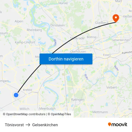 Tönisvorst to Gelsenkirchen map