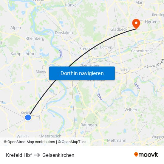 Krefeld Hbf to Gelsenkirchen map