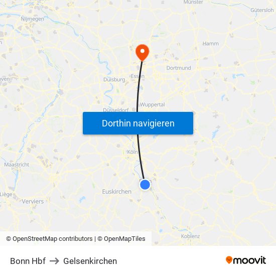 Bonn Hbf to Gelsenkirchen map