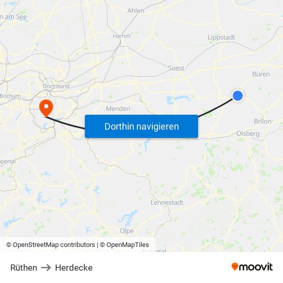 Rüthen to Herdecke map