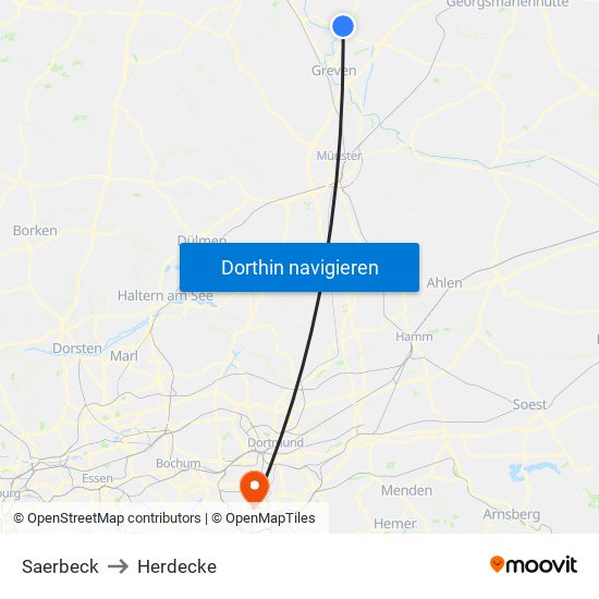 Saerbeck to Herdecke map