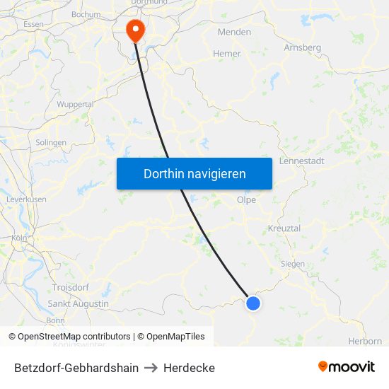 Betzdorf-Gebhardshain to Herdecke map