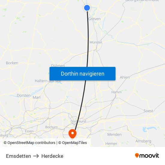 Emsdetten to Herdecke map