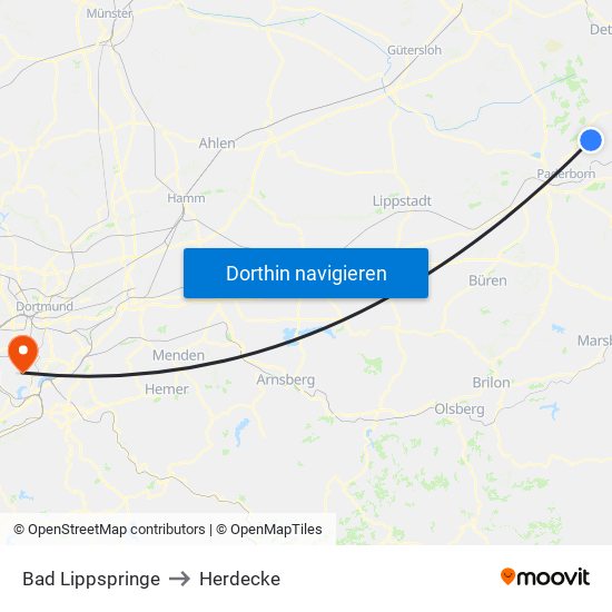 Bad Lippspringe to Herdecke map