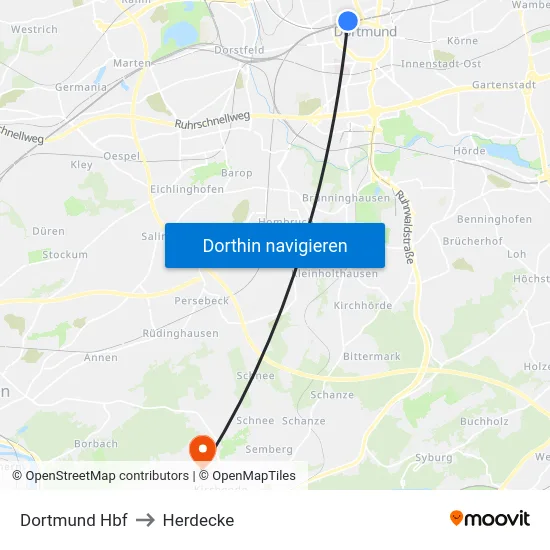 Dortmund Hbf to Herdecke map