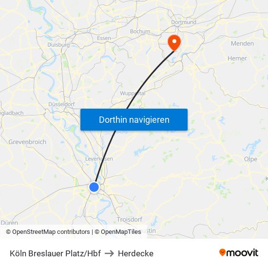 Köln Breslauer Platz/Hbf to Herdecke map