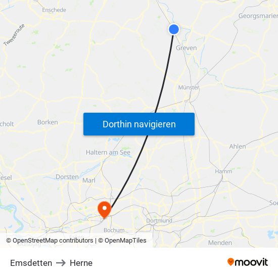 Emsdetten to Herne map