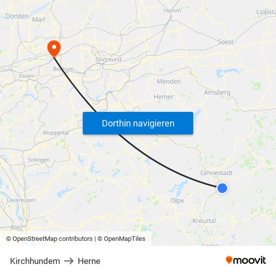 Kirchhundem to Herne map