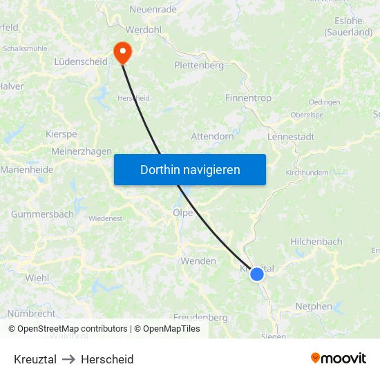 Kreuztal to Herscheid map