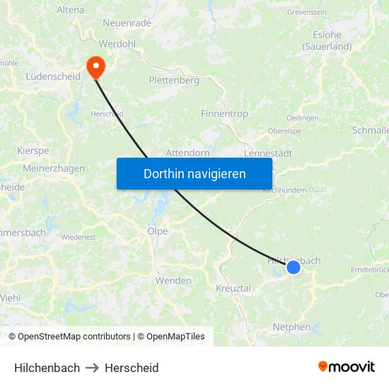 Hilchenbach to Herscheid map