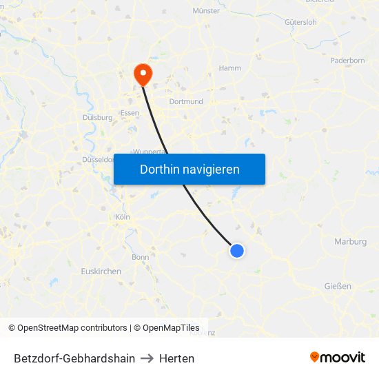 Betzdorf-Gebhardshain to Herten map