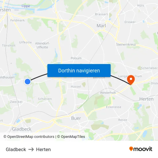 Gladbeck to Herten map