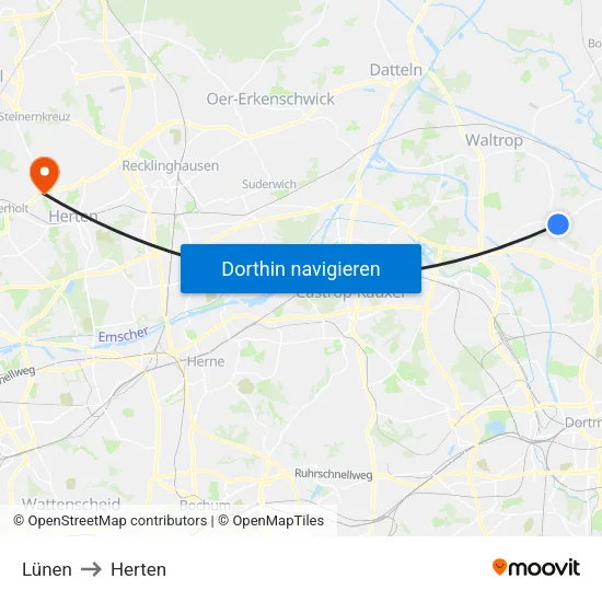 Lünen to Herten map