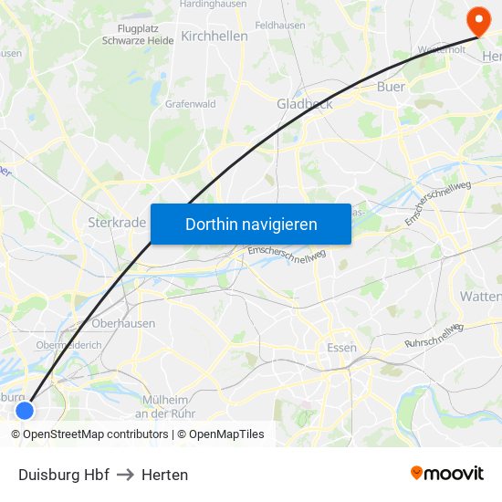 Duisburg Hbf to Herten map