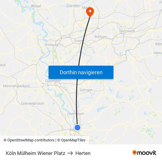 Köln Mülheim Wiener Platz to Herten map