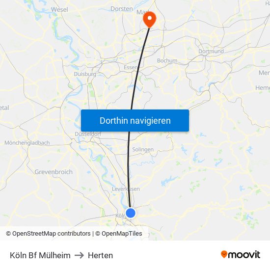 Köln Bf Mülheim to Herten map