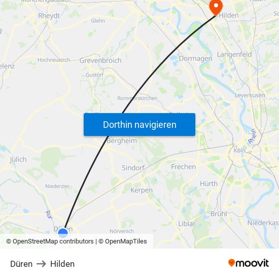 Düren to Hilden map