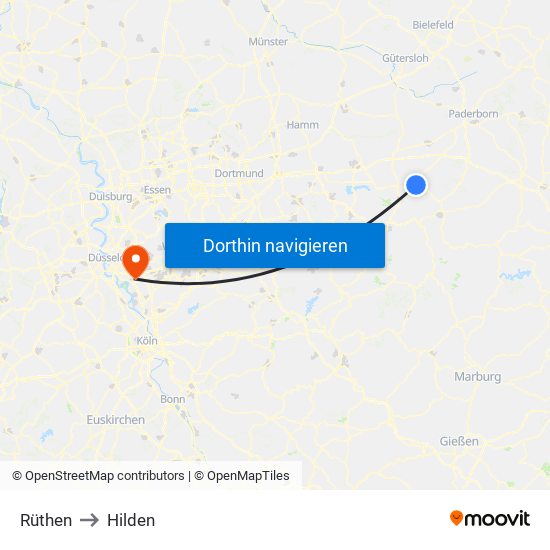 Rüthen to Hilden map
