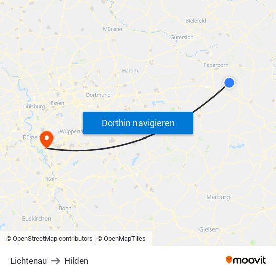 Lichtenau to Hilden map