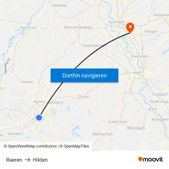 Raeren to Hilden map