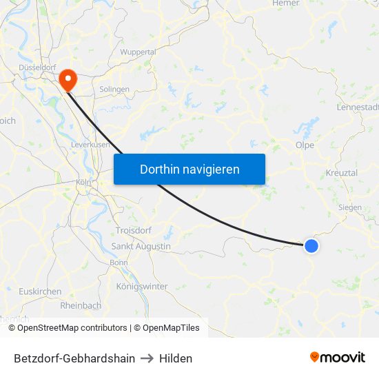 Betzdorf-Gebhardshain to Hilden map