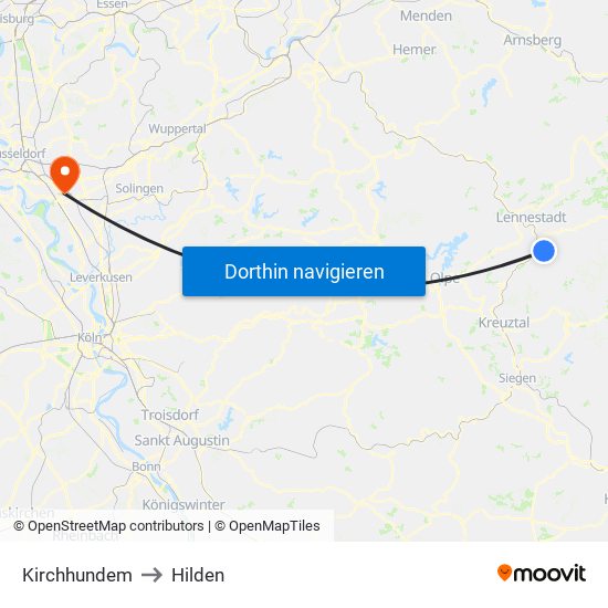 Kirchhundem to Hilden map