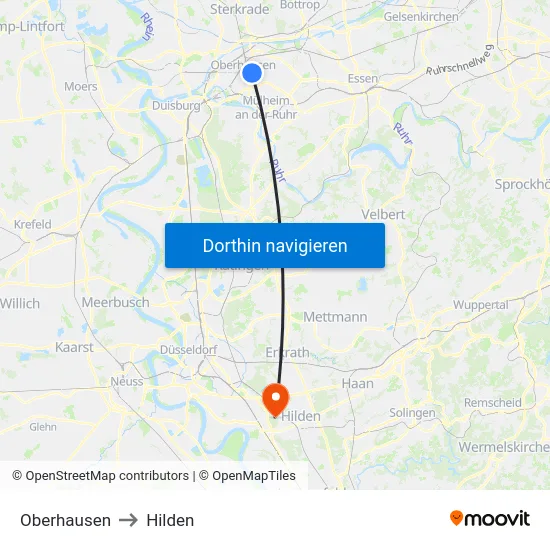 Oberhausen to Hilden map