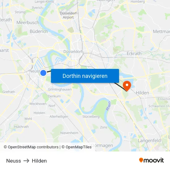 Neuss to Hilden map