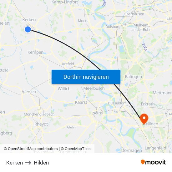 Kerken to Hilden map
