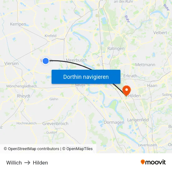 Willich to Hilden map