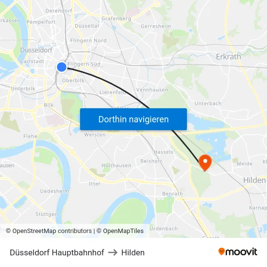 Düsseldorf Hauptbahnhof to Hilden map