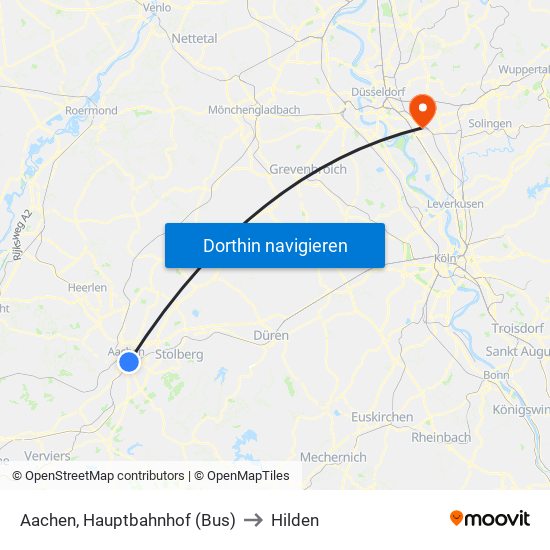 Aachen, Hauptbahnhof (Bus) to Hilden map